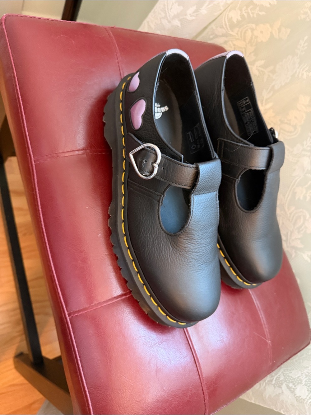 Dr. Martens Black Mary Jane Shoes with Yellow Stitching and Pink Heart Accent - Picture 6 of 8